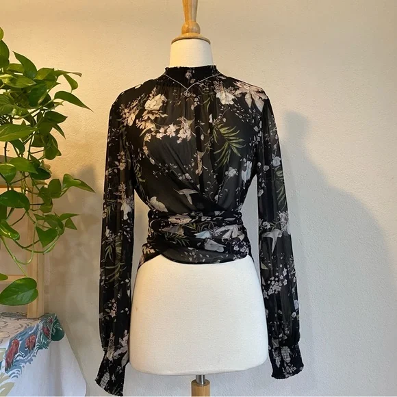 Sheer black floral high neck tie waist blouse - Picture 1 of 15